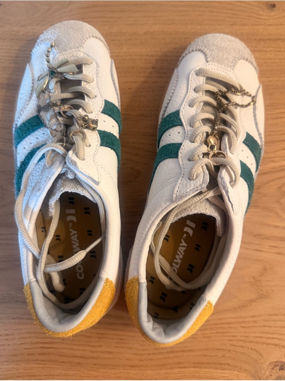 Coolway Kizuna White Sneakers with Teal Stripes and Yellow Heel Detail
